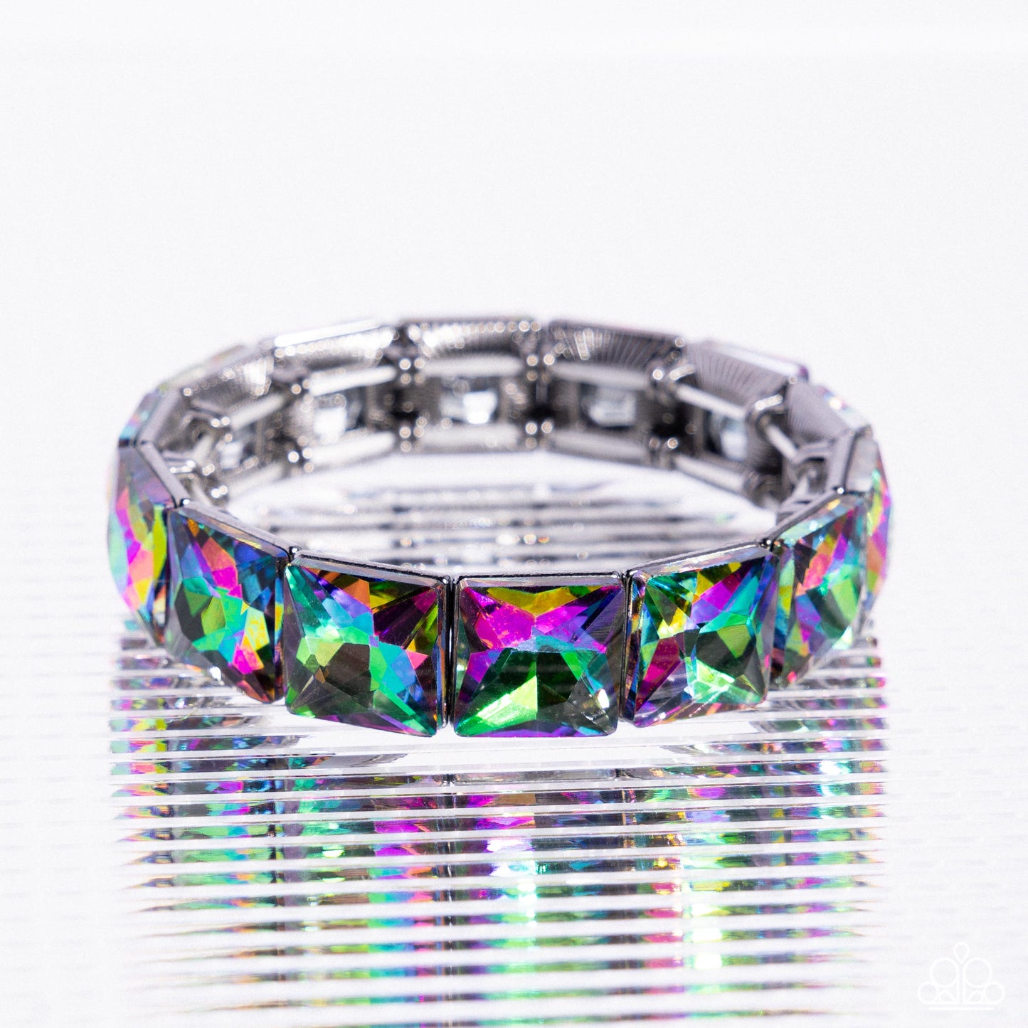 Upscale Funk - Multi Oil Spill Square Gem Silver Stretch Bracelet B1928
