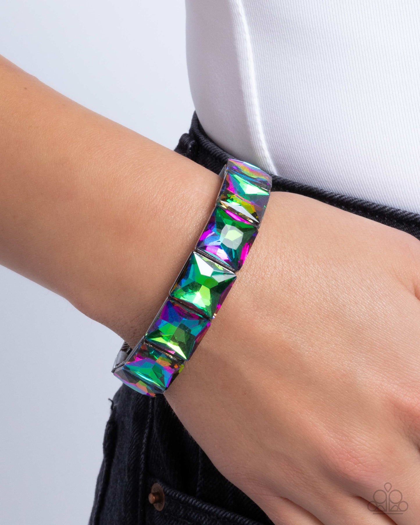 Upscale Funk - Multi Oil Spill Square Gem Silver Stretch Bracelet B1928