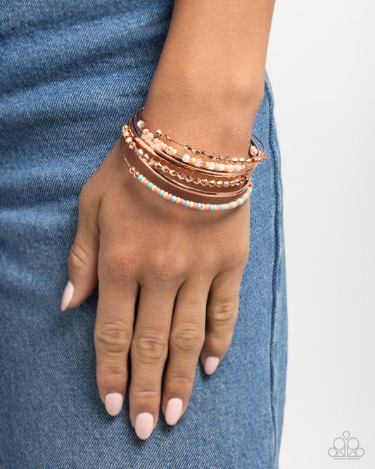 Seed Bead Shimmer - Copper - Shiny Copper Seed Peach, Desert Rose, Yellow Bead Bangle Bracelet Paparazzi B2096