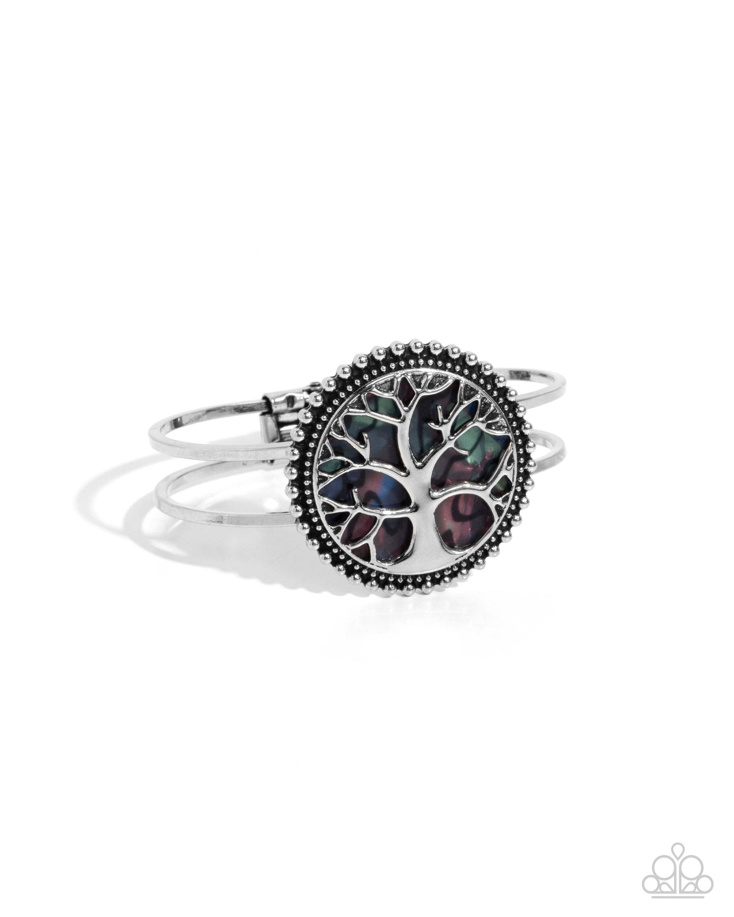 I Speak for the Trees - Multicolored Faux Abalone Backdrop Silver Tree Hinge Bracelet Paparazzi B2086