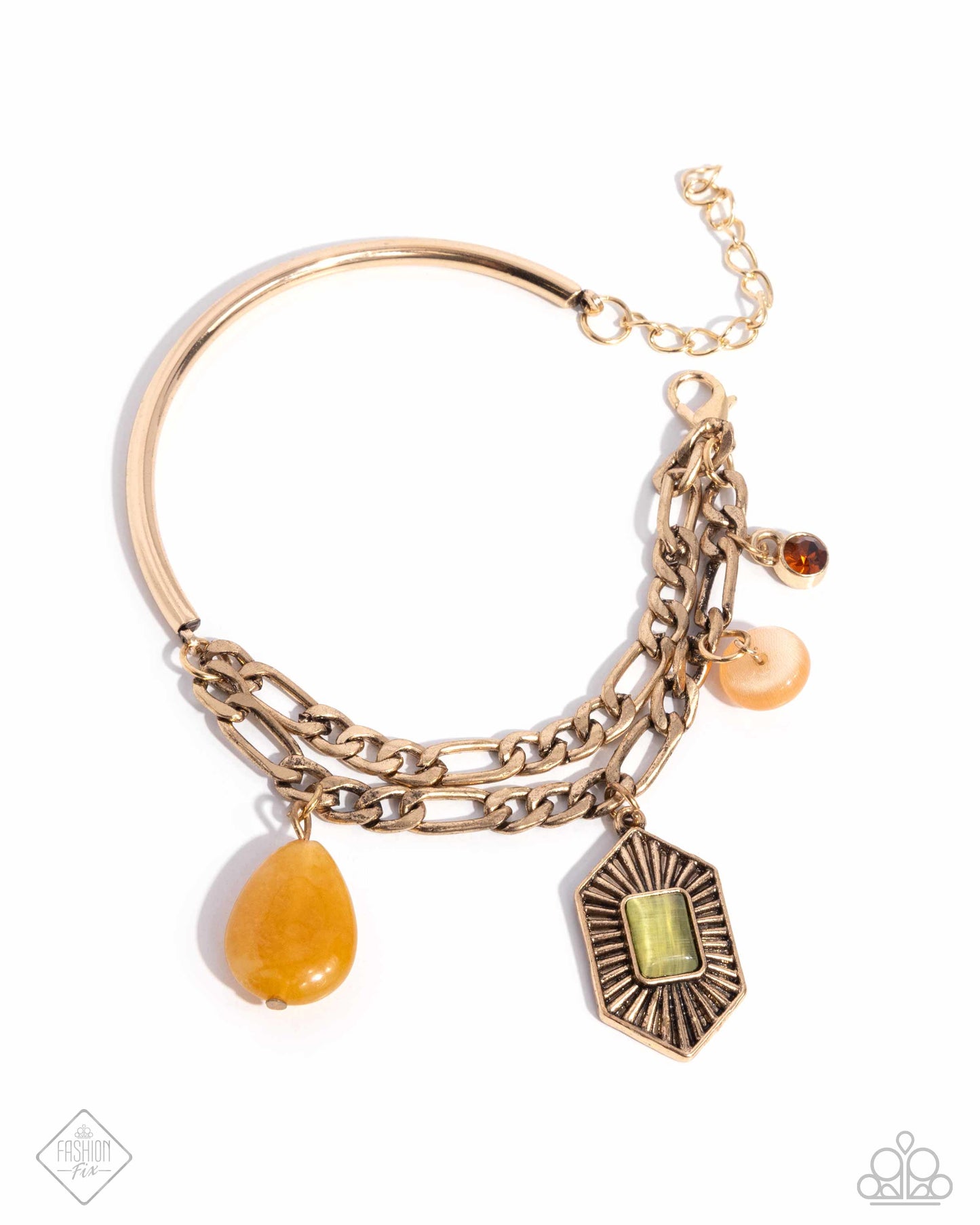 Eclectic Exception - Multi Gold Antiqued Charms, Green Cat's Eye, Yellow Stone Bracelet October 2024 Sunset Sightings Fashion Fix Paparazzi B1875