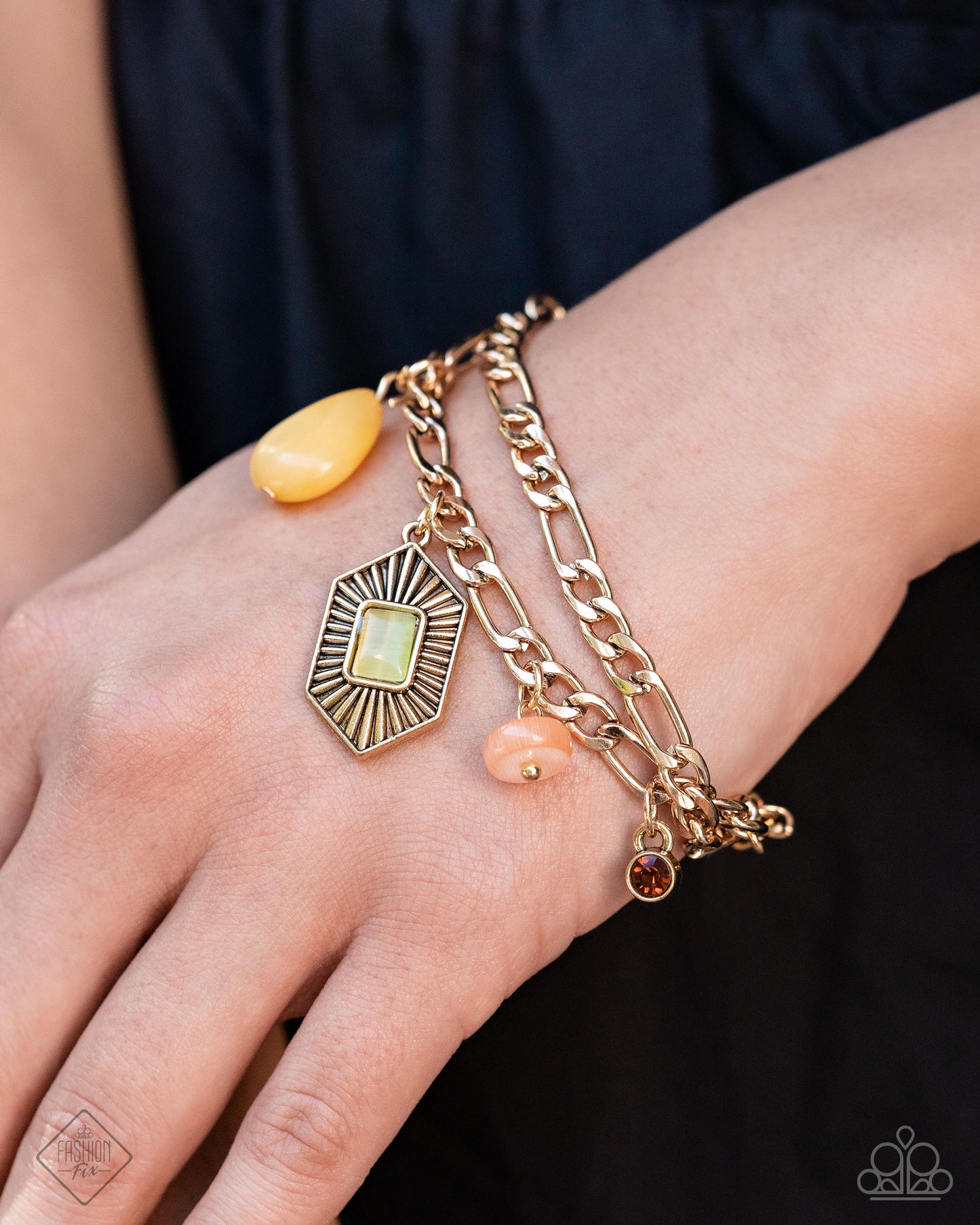 Eclectic Exception - Multi Gold Antiqued Charms, Green Cat's Eye, Yellow Stone Bracelet October 2024 Sunset Sightings Fashion Fix Paparazzi B1875