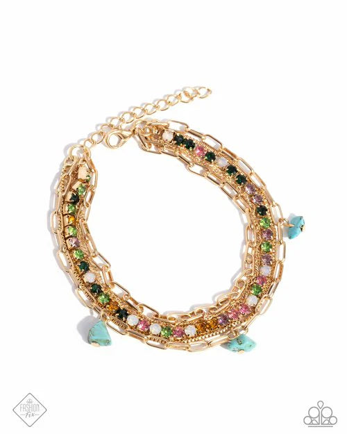 Paparazzi Solid Shimmer - Multicolored Rhinestone Turquoise Gold Bracelet Simply Santa Fe Fashion Fix November 2024 B2552