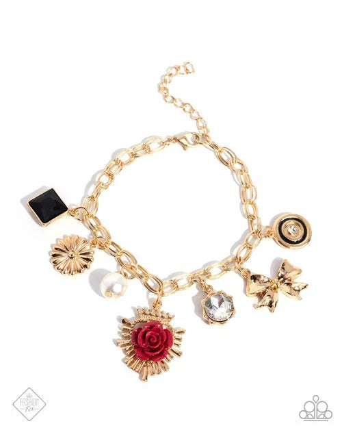 Paparazzi Victorian Verdict - Multi Red Rose Gold Bow Charm Style Bracelet Glimpses Of Malibu Fashion Fix November 2024 B2551