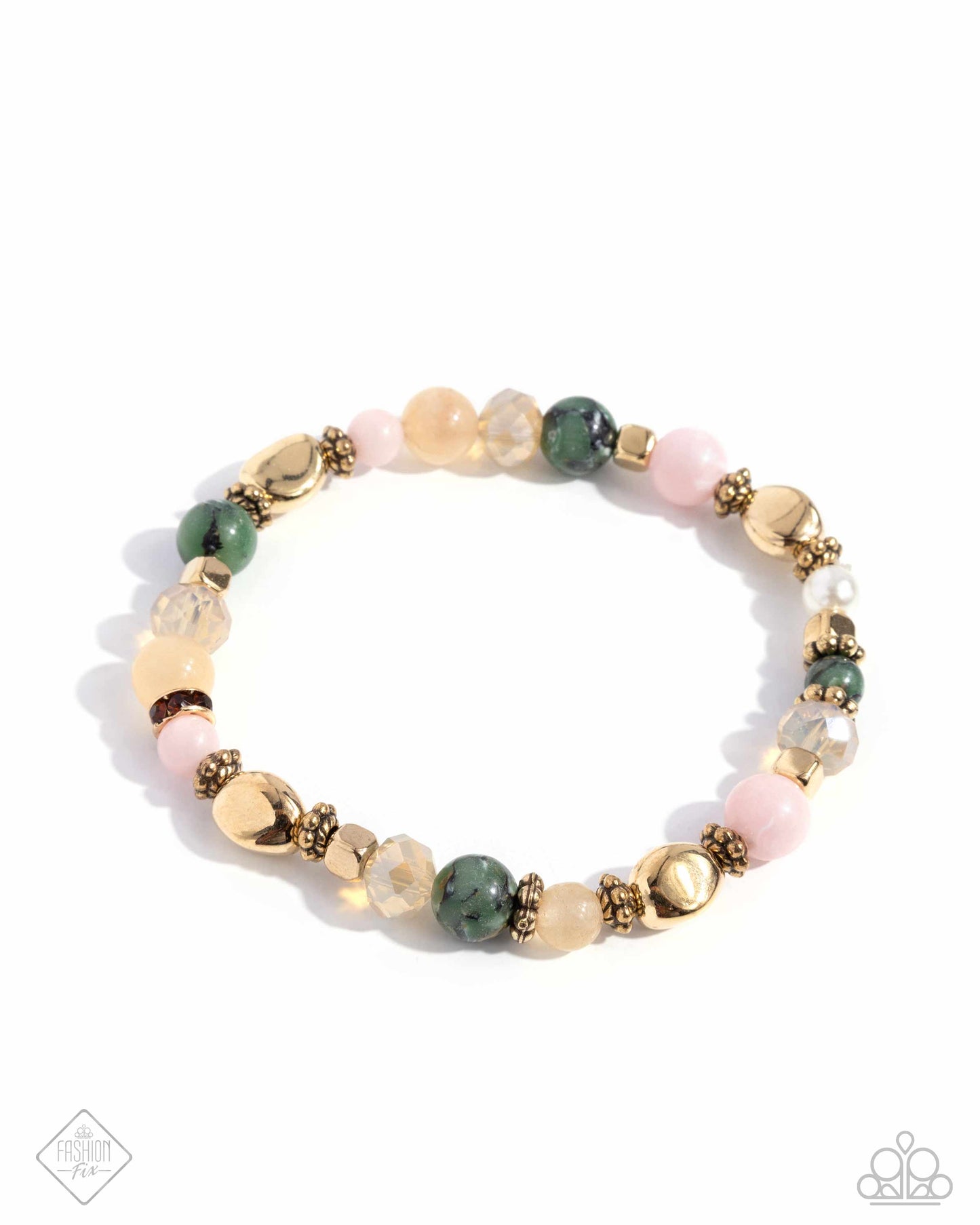 Eclectic Entrance - Multi Antiqued Gold Bead, Pearl, Marbled Green Stone Bead Stretch Bracelet Sunset Sightings Fashion Fix October 2024 Paparazzi B1874