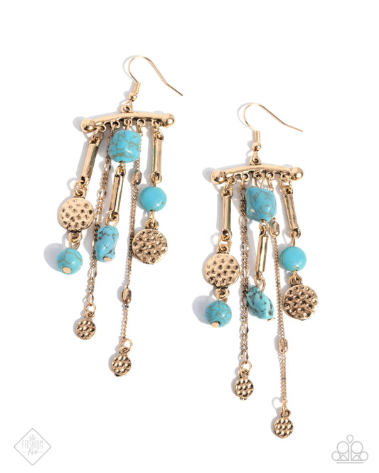 Coachella Cascade - Blue Turquoise & Gold Bead, Chain Earring Simply Santa Fe January 2025 Fashion Fix Paparazzi E2842