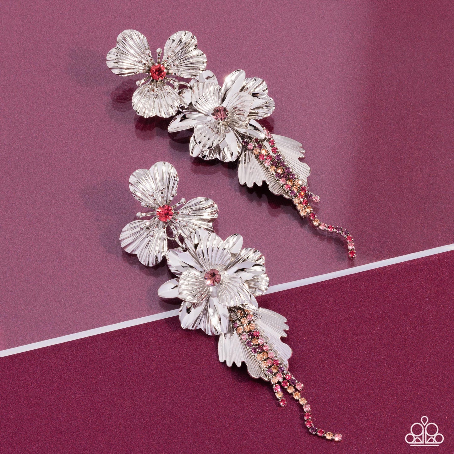 Classical Cadenza - Multi Fuchsia, Peach, Rose & Amethyst Rhinestone Flower Earring Life Of The Party November 2024 Paparazzi E2430
