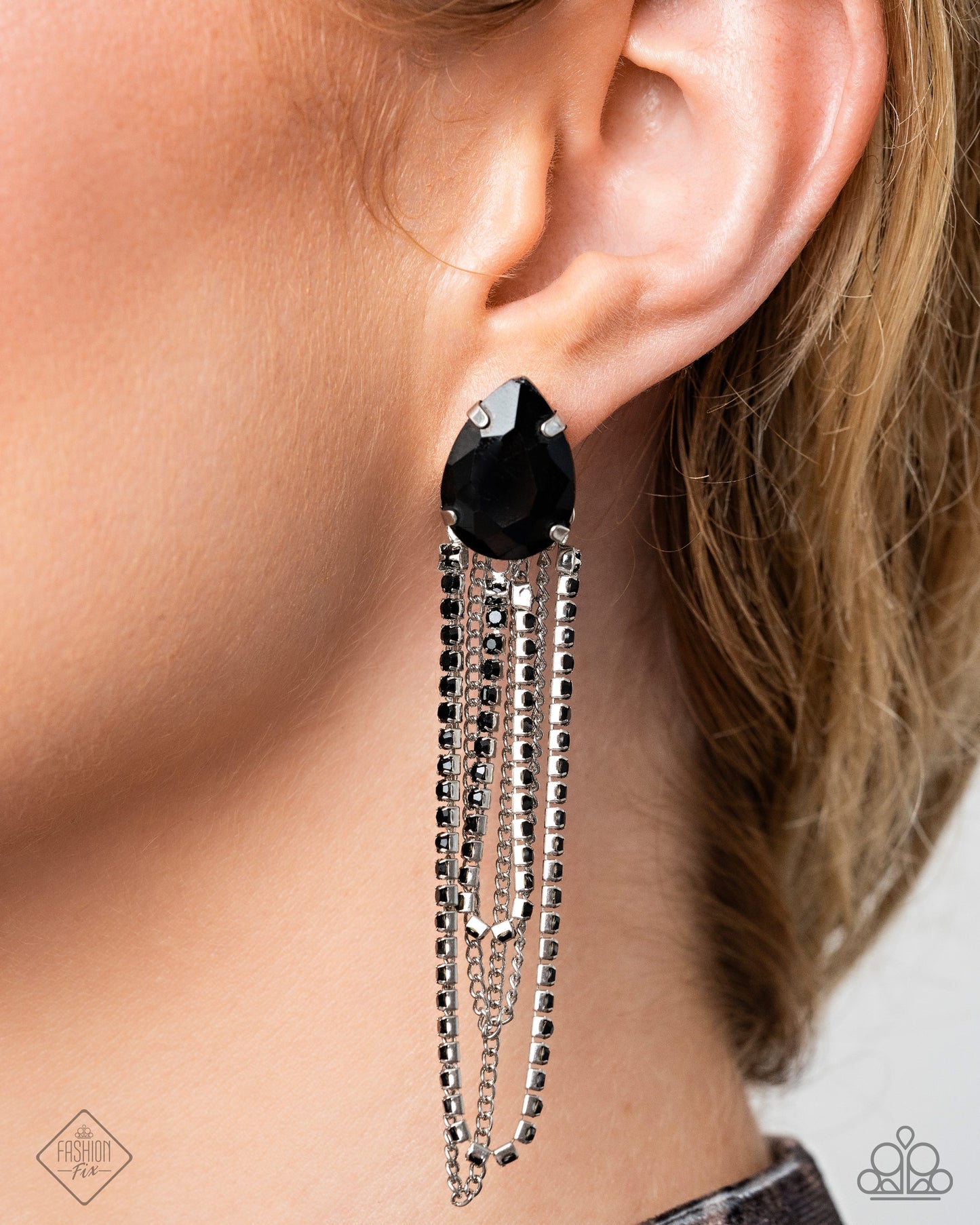 Vicious Venture - Black Gem, Silver & Black Rhinestone Chain Earring Magnificent Musings November 2024 Fashion Fix Paparazzi E3030