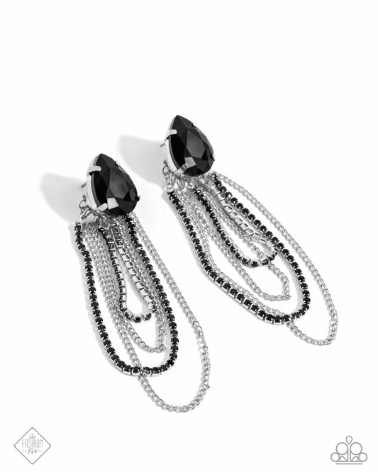 Vicious Venture - Black Gem, Silver & Black Rhinestone Chain Earring Magnificent Musings November 2024 Fashion Fix Paparazzi E3030