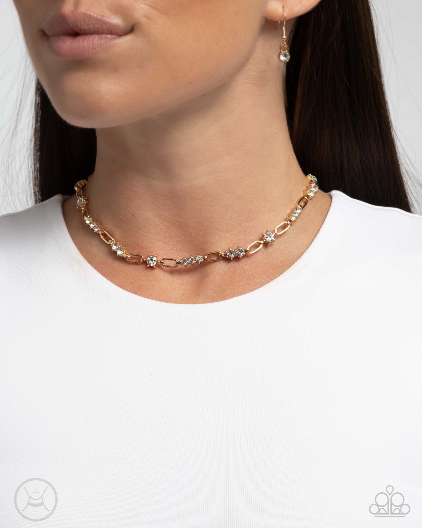 Pronged Pageantry - Gold & White Rhinestone Choker Necklace Paparazzi N2965