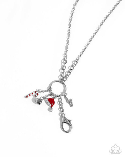 Christmas Cheer - Red Candy Cane, Santa Hat, Silver Bell & Reindeer Charm lanyard Necklace Paparazzi N2658