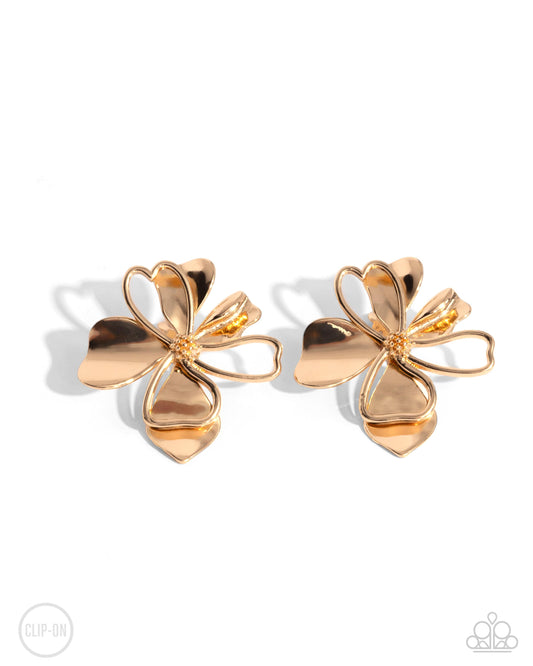 Sweetness and Light - Gold Heart Shaped Petal Flower Clip-On Earring Paparazzi E2529
