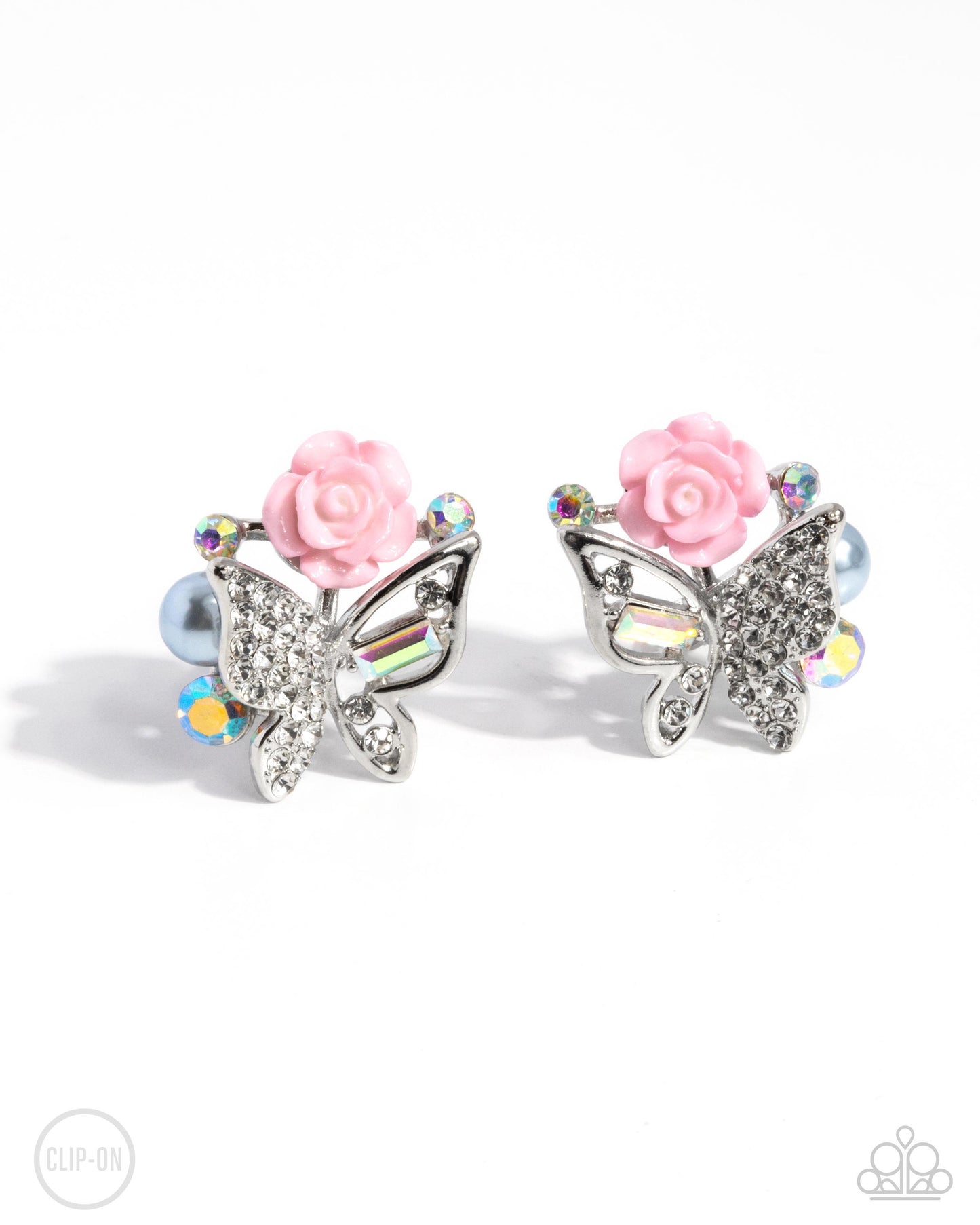 Fanciful Facade - Multi Iridescent, White Rhinestone, Pink Rose & Silver Butterfly Clip-On Earring Paparazzi E1822