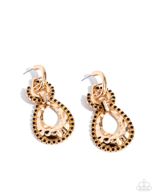 Hammered Highway - Black Rhinestone Hammered Teardrop Gold 3/4 Inch Hoop Earring Paparazzi E2603