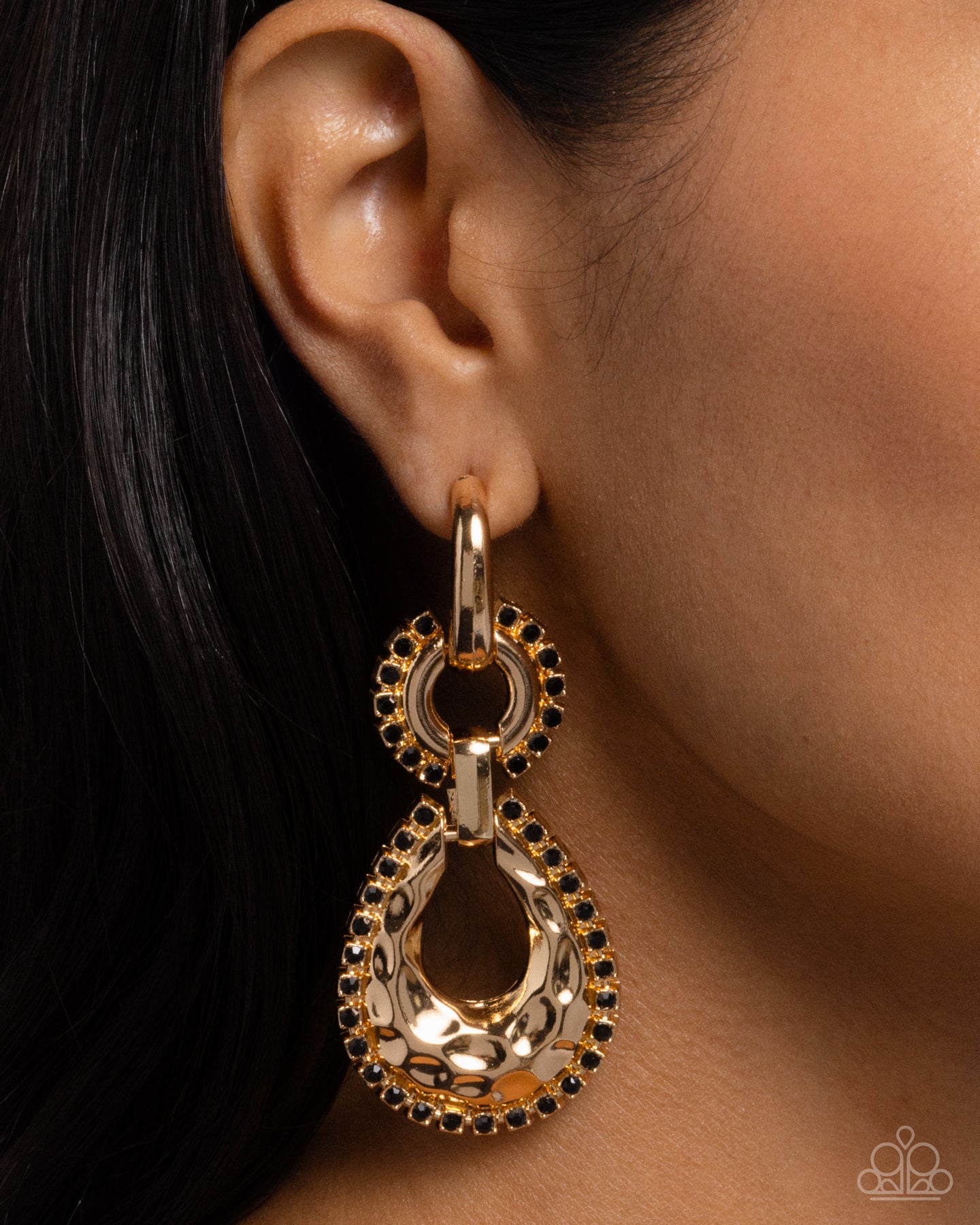 Hammered Highway - Black Rhinestone Hammered Teardrop Gold 3/4 Inch Hoop Earring Paparazzi E2603