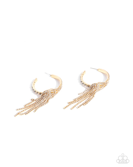 Jaw-Dropping Jubilee - Gold & White Rhinestone Fringe 2 1/2 Inch Hoop Earring Paparazzi E2525