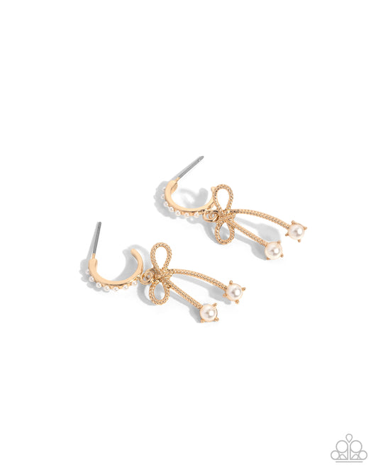 Charming Coquette - Gold & White Pearl 1/2 Inch Hoop Bow Earring Paparazzi E2392