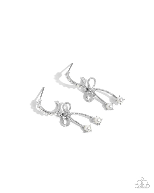 Charming Coquette - White Pearl & Silver Bow 1/2 Inch Hoop Earring Paparazzi E2389