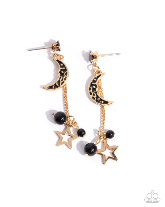 Astral Admiration - Black Gem, Painted Crescent Moon & Gold Star Post Earring Paparazzi E2804