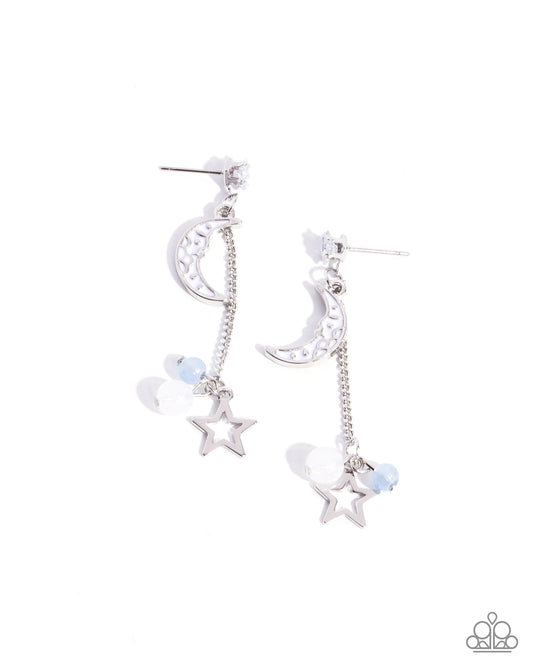 Astral Admiration - Blue Bead, Silver Crescent Moon, White Gem Post Earring Paparazzi E2887