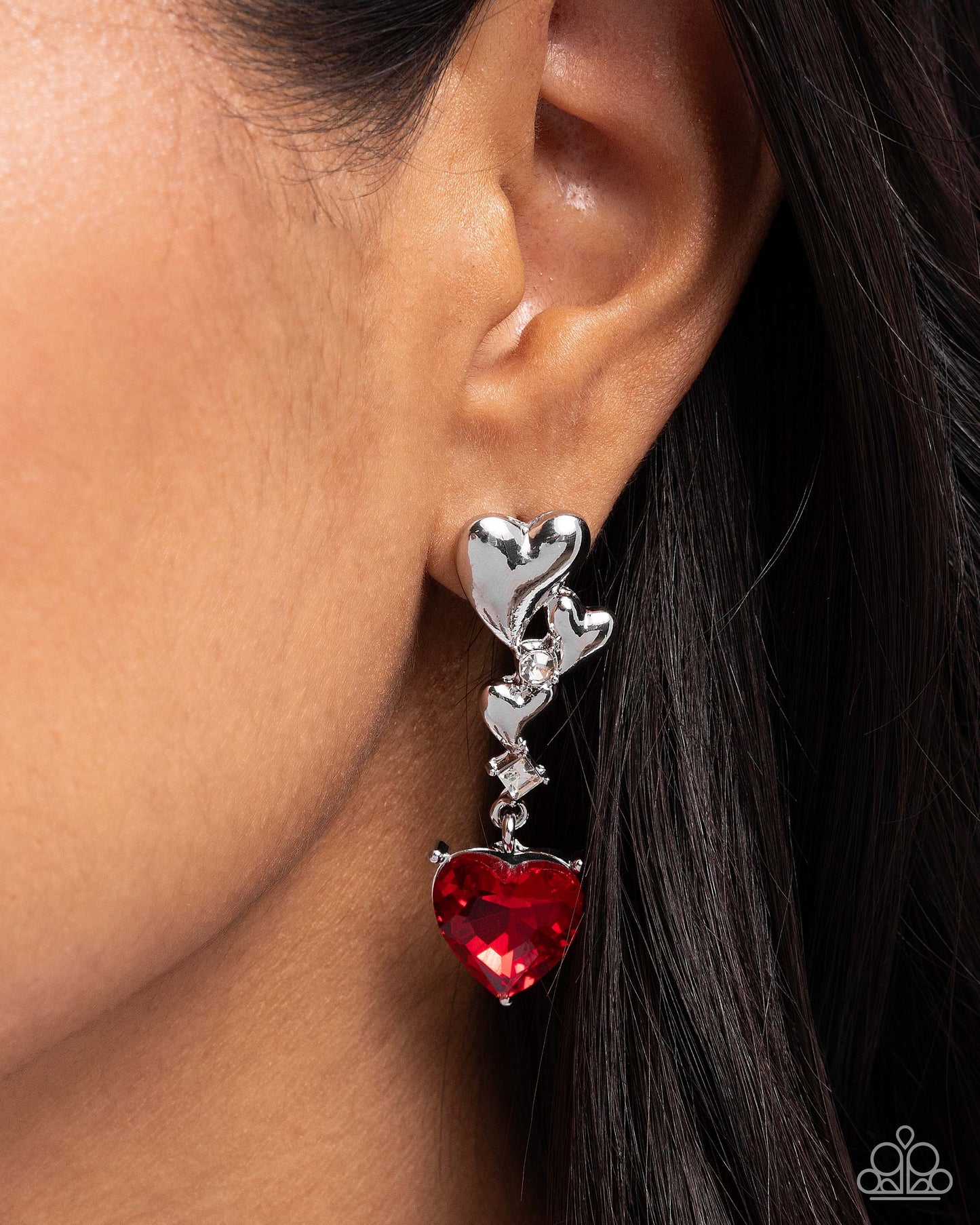 Valentines Vaudeville - Red Heart Gem & Silver Heart Post Earring Paparazzi E2527