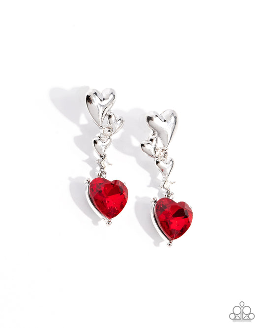 Valentines Vaudeville - Red Heart Gem & Silver Heart Post Earring Paparazzi E2527