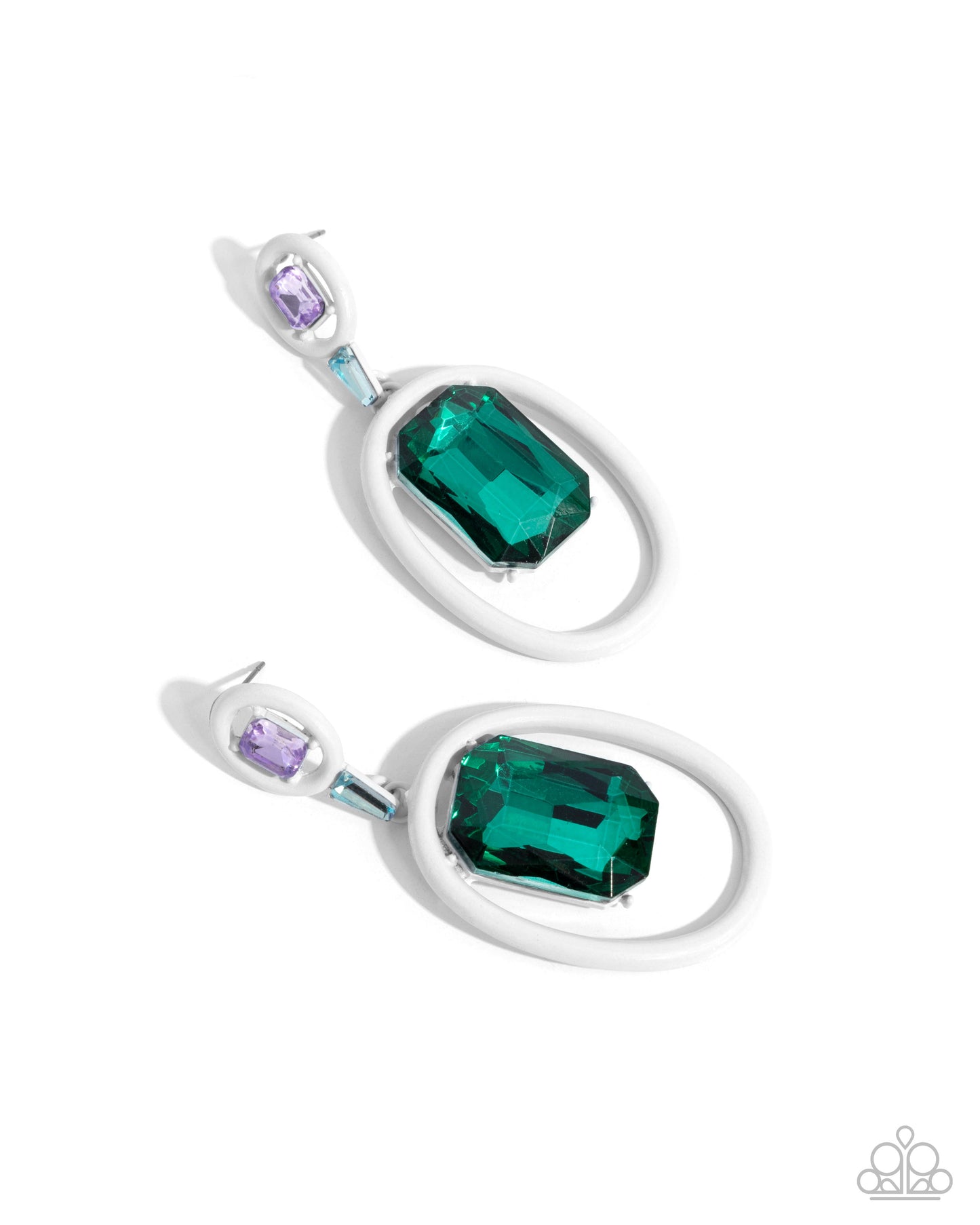 Dipped in Dazzle - White Painted Hoop, Purple & Large Green Gem Earring Paparazzi E2566