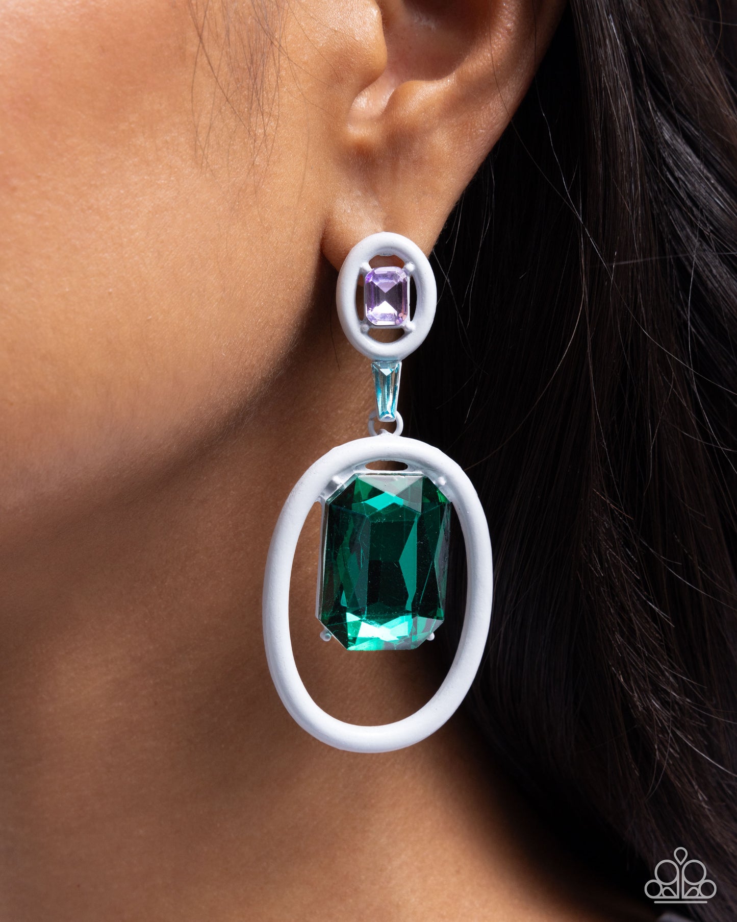 Dipped in Dazzle - White Painted Hoop, Purple & Large Green Gem Earring Paparazzi E2566