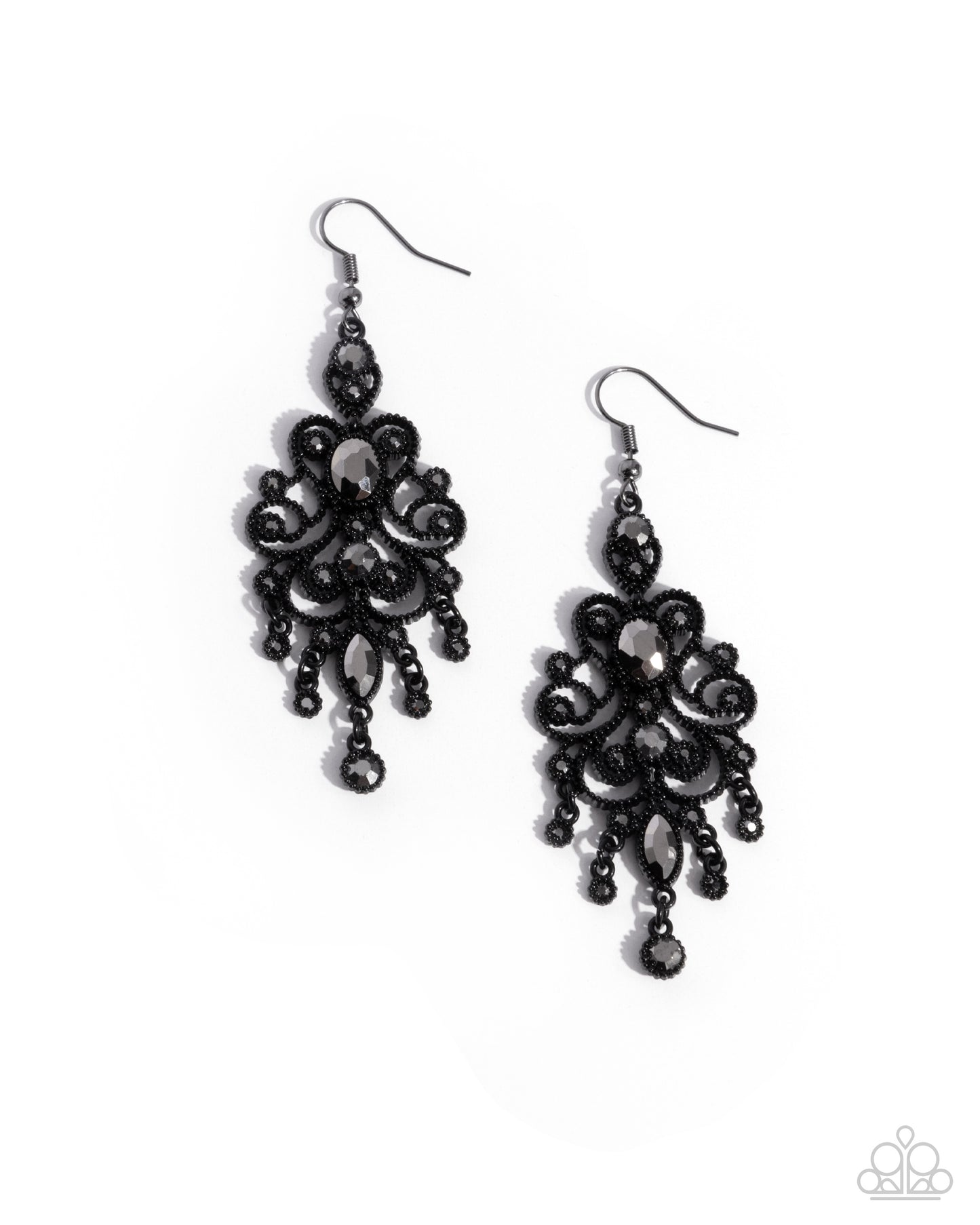 Chandelier Celebration - Black Painted Finish Silver Hematite Rhinestone & Gem Chandelier Earring Paparazzi E2717