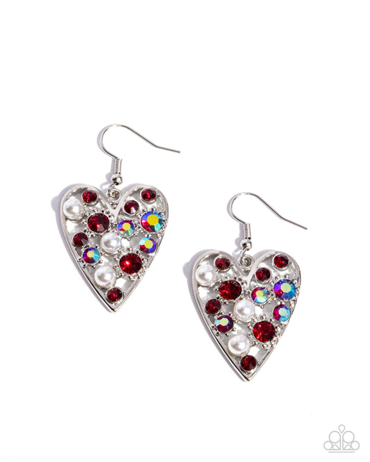 Unbelievable Shimmer - Red Scarlet Smile, Light Siam, & Red Iridescent Rhinestone Heart Earring Paparazzi E2324
