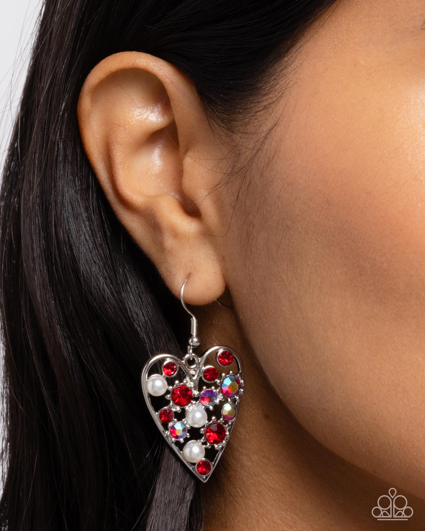 Unbelievable Shimmer - Red Scarlet Smile, Light Siam, & Red Iridescent Rhinestone Heart Earring Paparazzi E2324