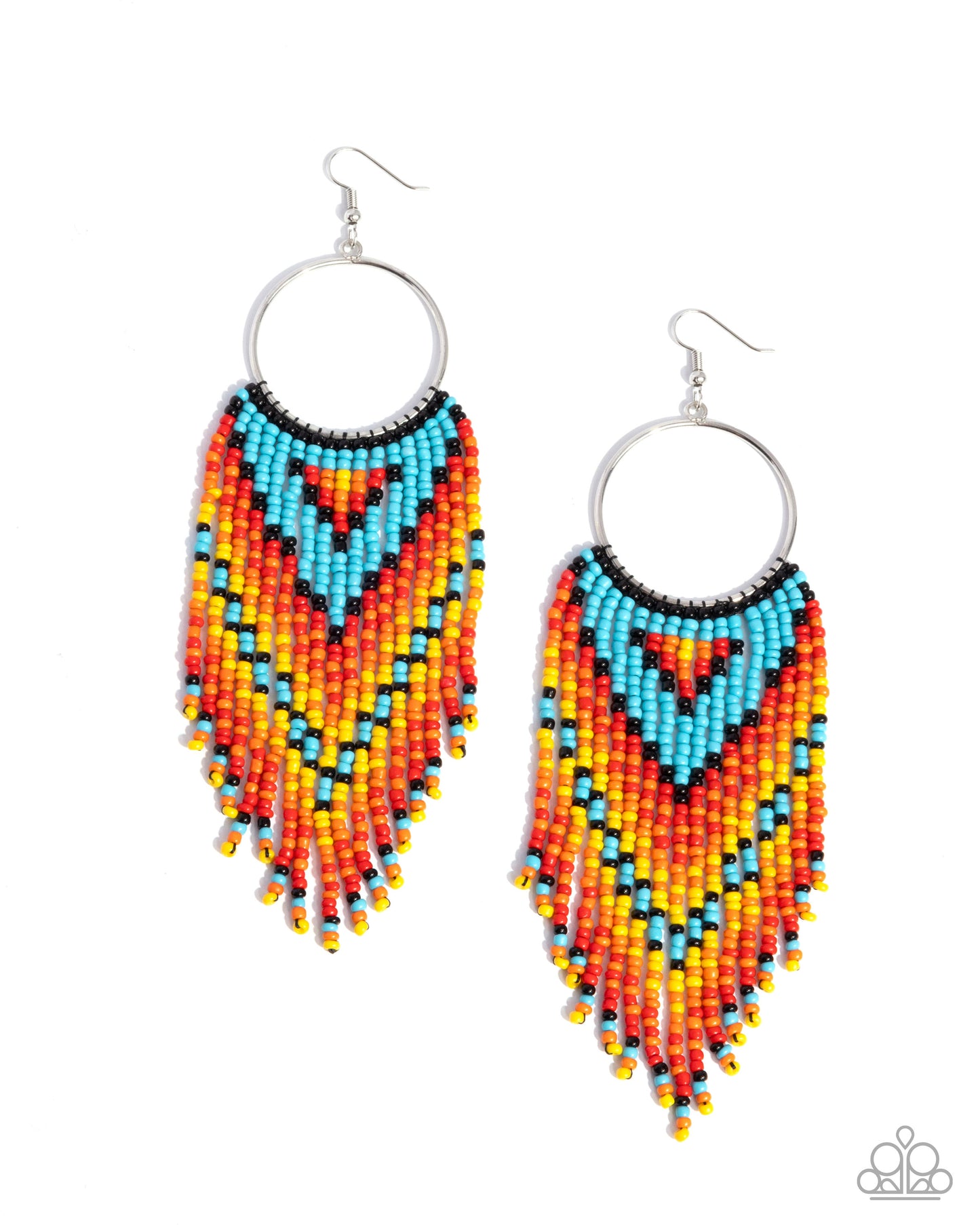 Waving the Banner - Multicolored Seed Bead Turquoise, Red, Yellow, Orange Fringe Earring Santa Fe Style Paparazzi E2739