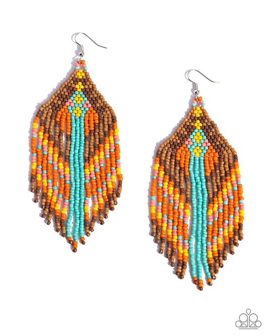 Paramount Pattern - Multi Brown, Coral, Tiffany, Orange, Yellow Seed Bead Fringe Earring Santa Fe Style Paparazzi E2783