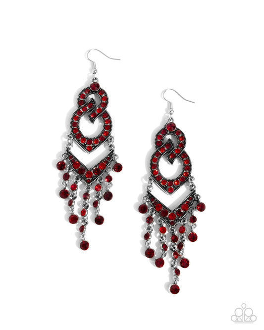 Pristine Precipitation - Red Gem Filigree Silver Chandelier Earring Paparazzi E2450