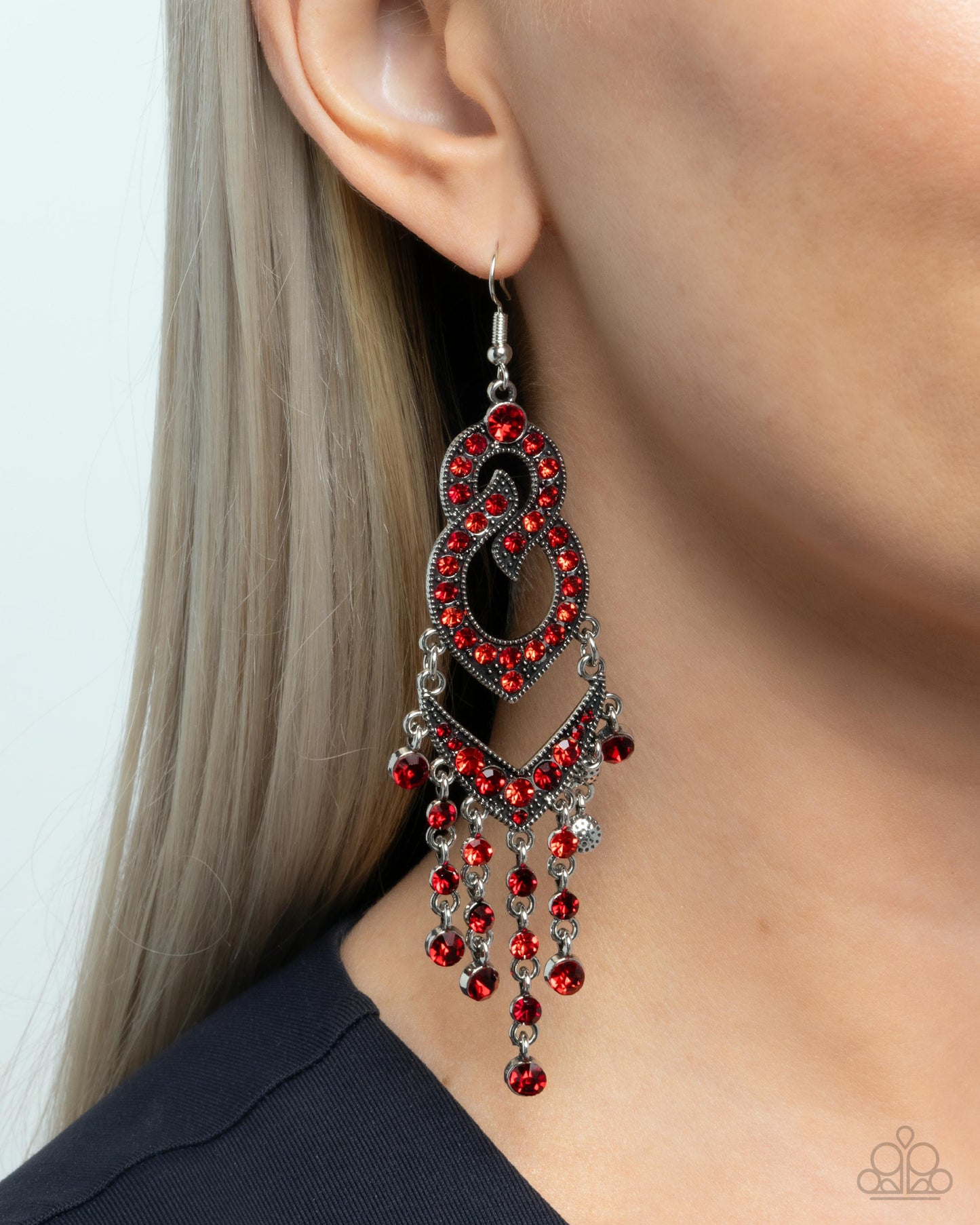 Pristine Precipitation - Red Gem Filigree Silver Chandelier Earring Paparazzi E2450