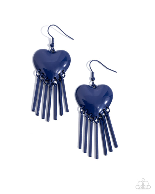Flirty Fringe - Blue Navy Heart Fringe Earring Paparazzi E2502