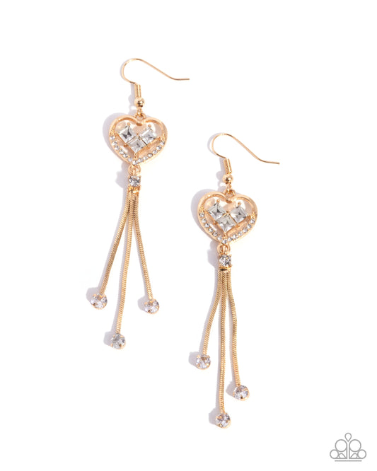 Cascading Character - Gold & White Heart Earring Paparazzi E0737