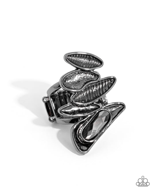 Unpredictable Union - Black Gunmetal Hammered Texture & Hematite Gem Ring Paparazzi R1063