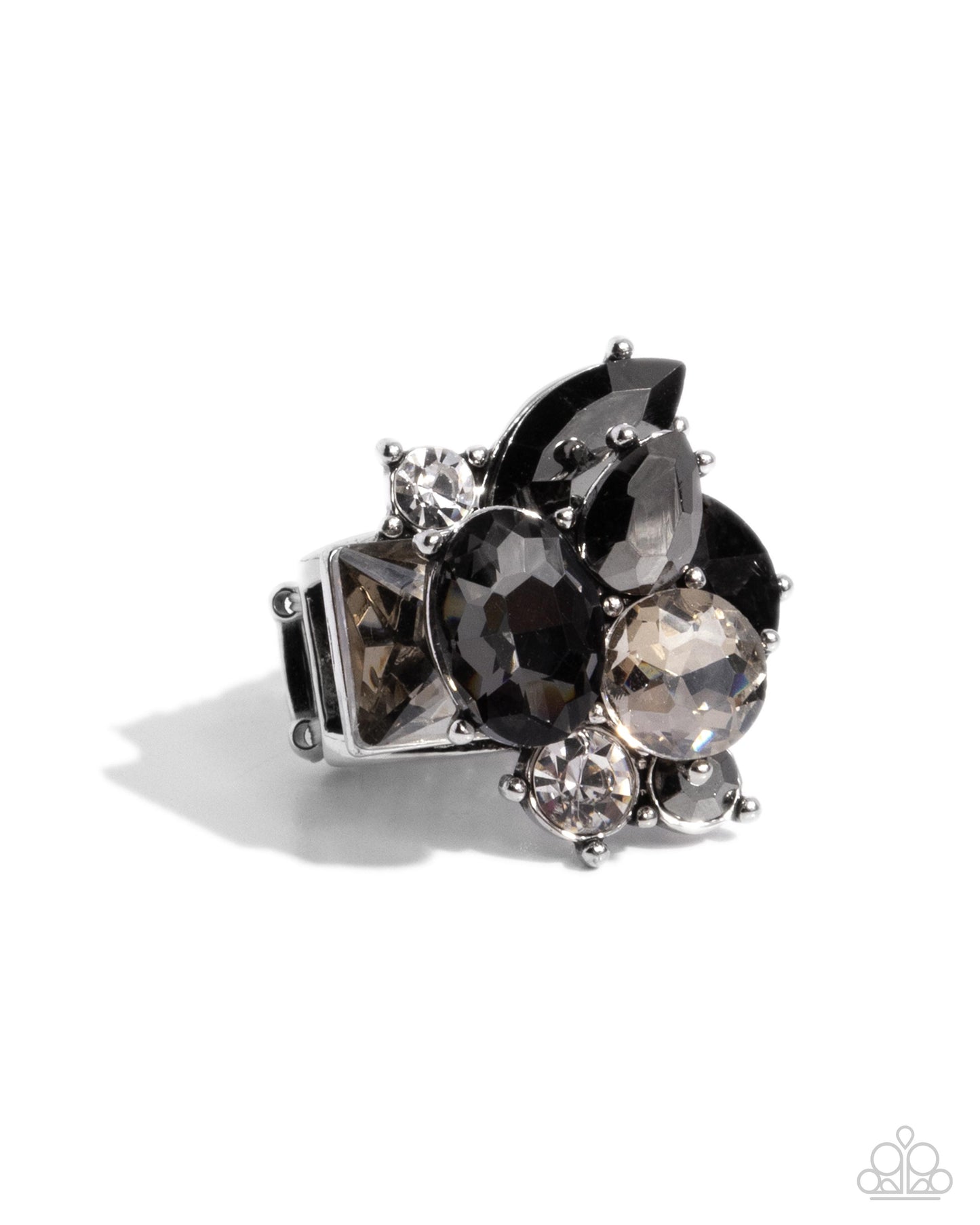 Capricious Cluster - Silver, Hematite, Smoky & White Rhinestone Ring Paparazzi R0656