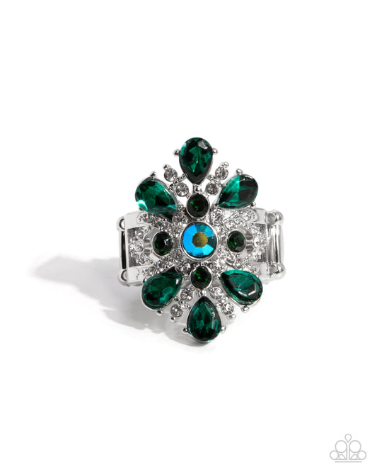 Pronged Panorama - Green Emerald Gem & Iridescent Rhinestone Floral Ring Paparazzi R1073