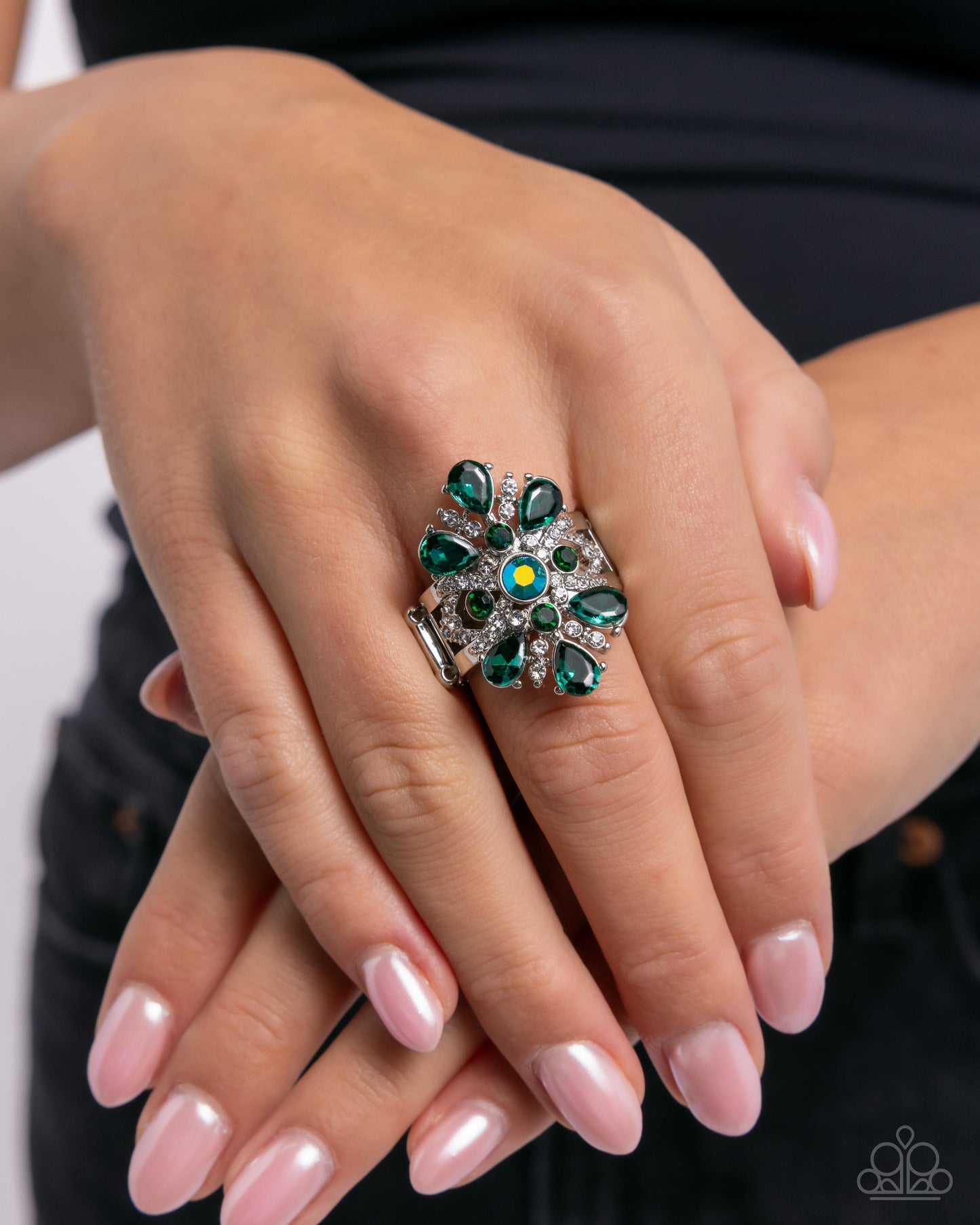 Pronged Panorama - Green Emerald Gem & Iridescent Rhinestone Floral Ring Paparazzi R1073