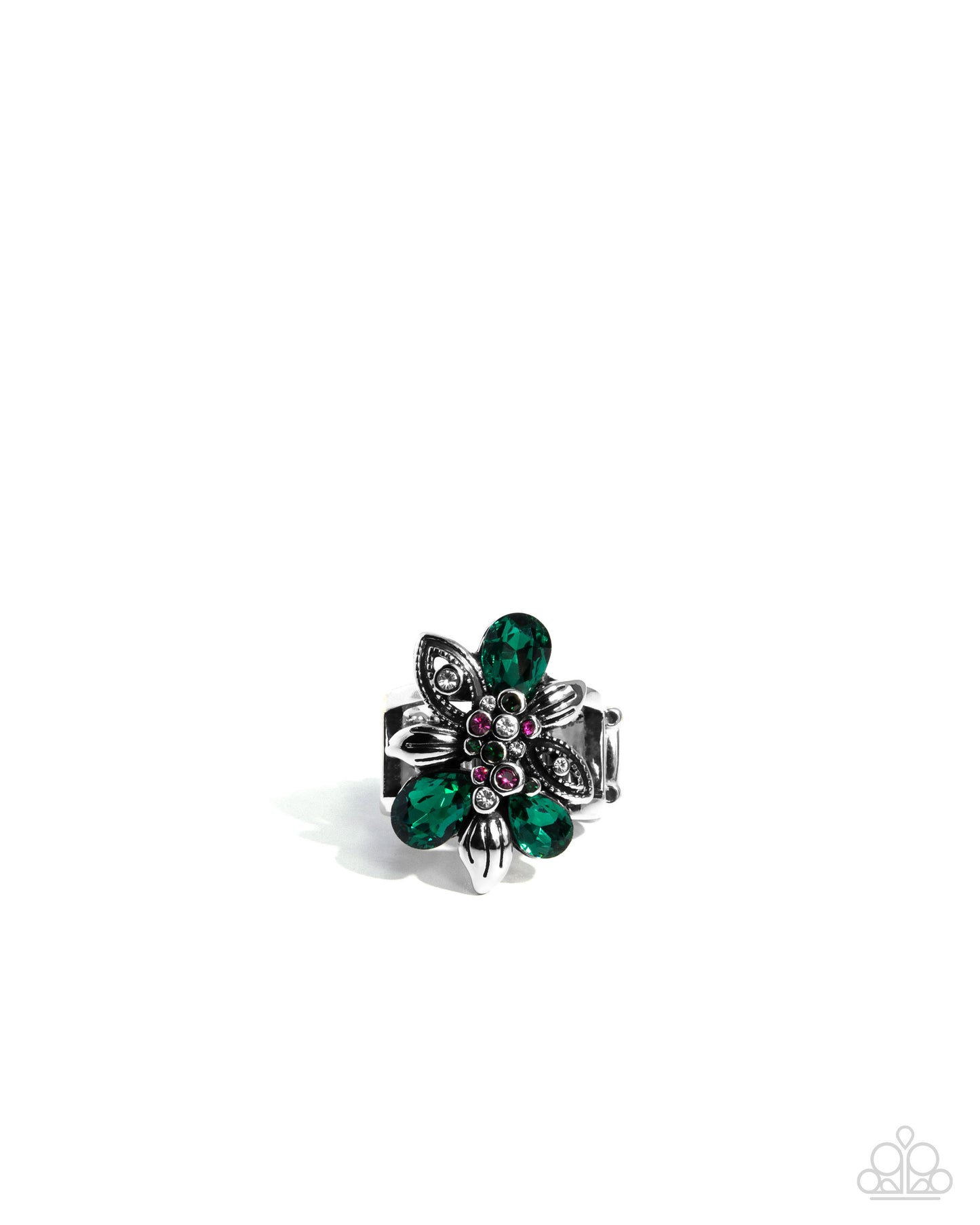 Carefree Corsage - Green Emerald, White Rhinestone Floral Ring Paparazzi R0878