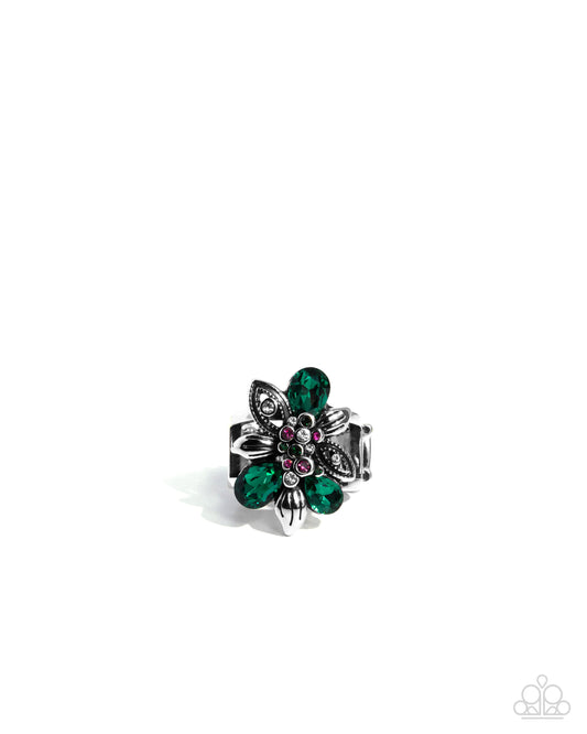 Carefree Corsage - Green Emerald, White Rhinestone Floral Ring Paparazzi R0878