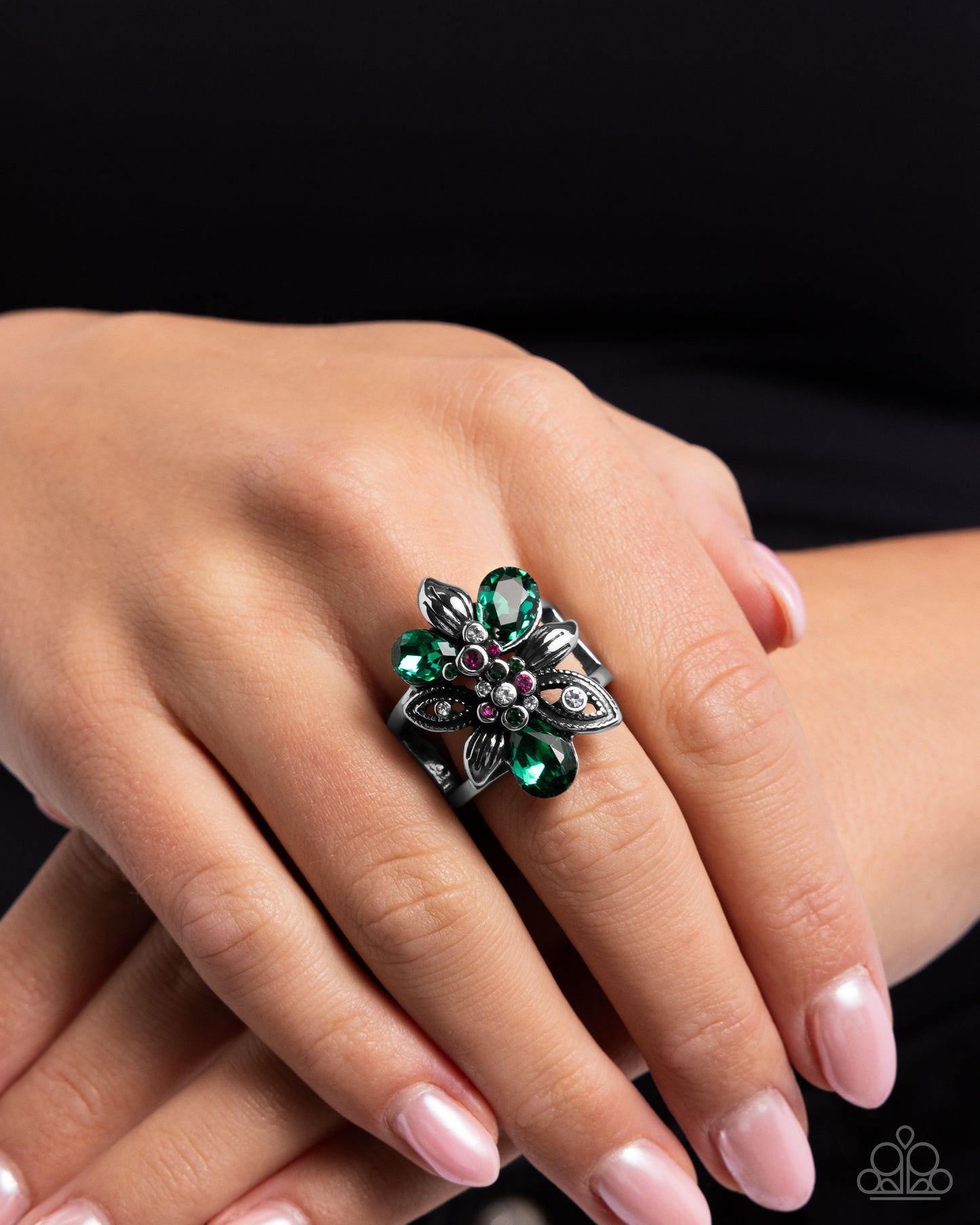 Carefree Corsage - Green Emerald, White Rhinestone Floral Ring Paparazzi R0878