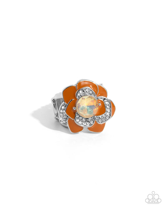 Bridging Bling - Orange Tomato Cream Painted 3-Dimensional Silver Flower Ring Paparazzi R1000