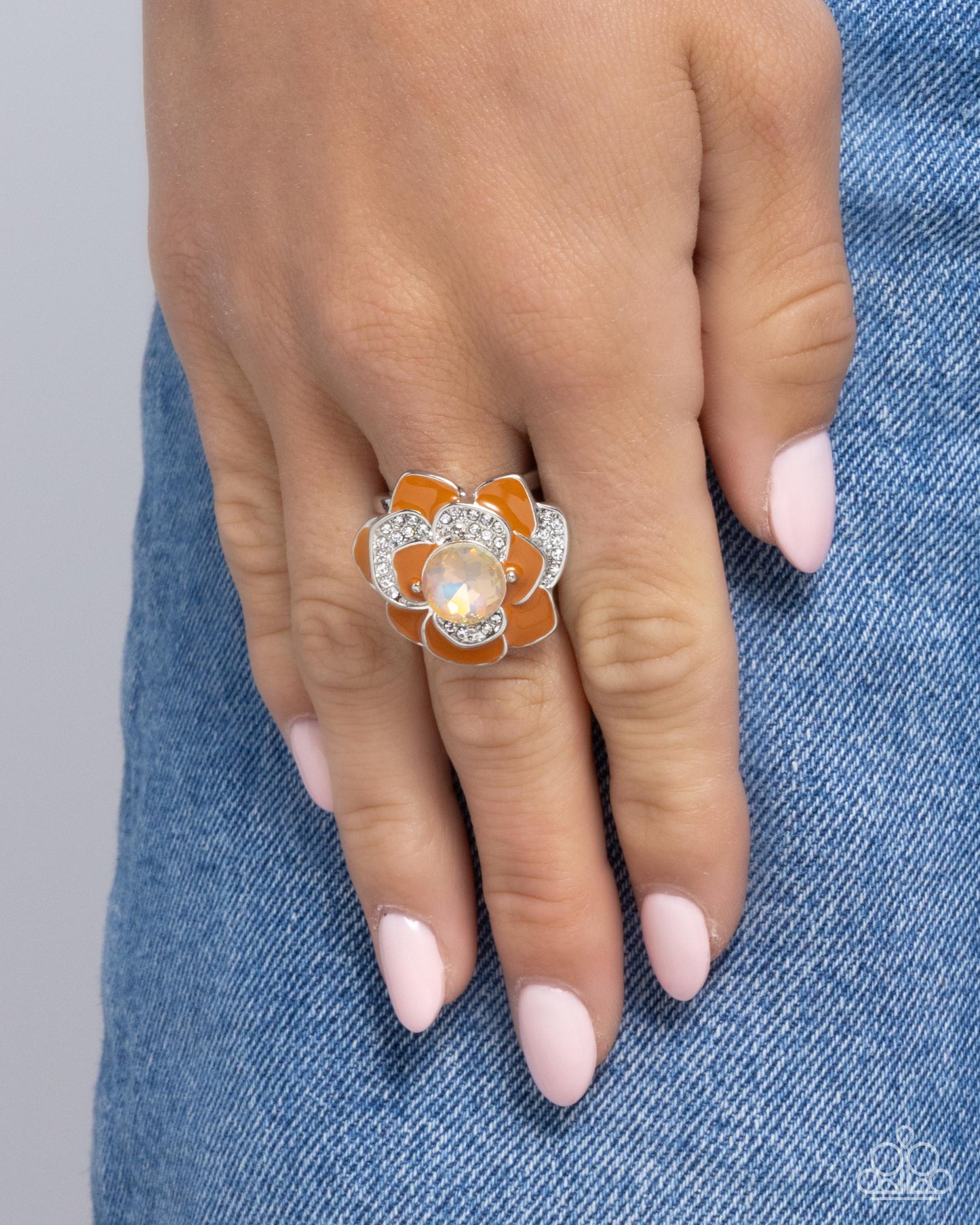 Bridging Bling - Orange Tomato Cream Painted 3-Dimensional Silver Flower Ring Paparazzi R1000