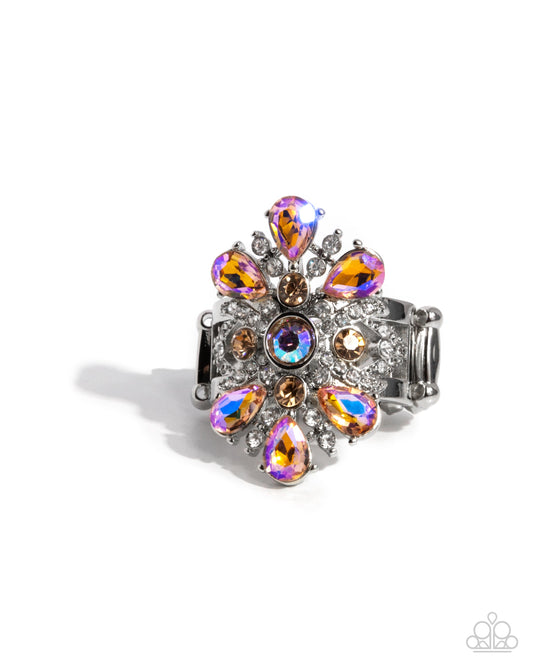 Pronged Panorama - Orange - UV Light Peach Gem & Iridescent Rhinestone Floral Ring Paparazzi R0956