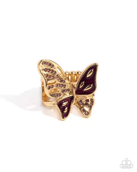Aerial Auction - Purple Plum Painted, Light Amethyst Rhinestone Gold Butterfly Ring Paparazzi R1007