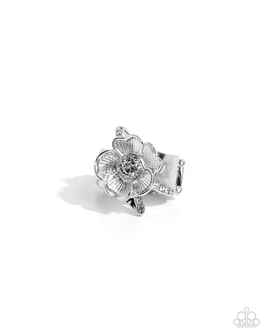 Floral Fact - Silver & Hematite Rhinestone Flower Ring Paparazzi R0845