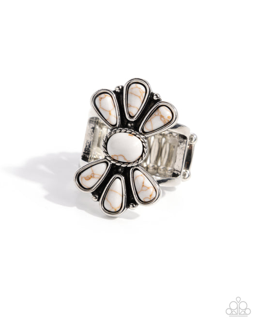 Paparazzi Wrangling Whimsy - White Stone Antiqued Silver Frame Santa Fe Style Ring